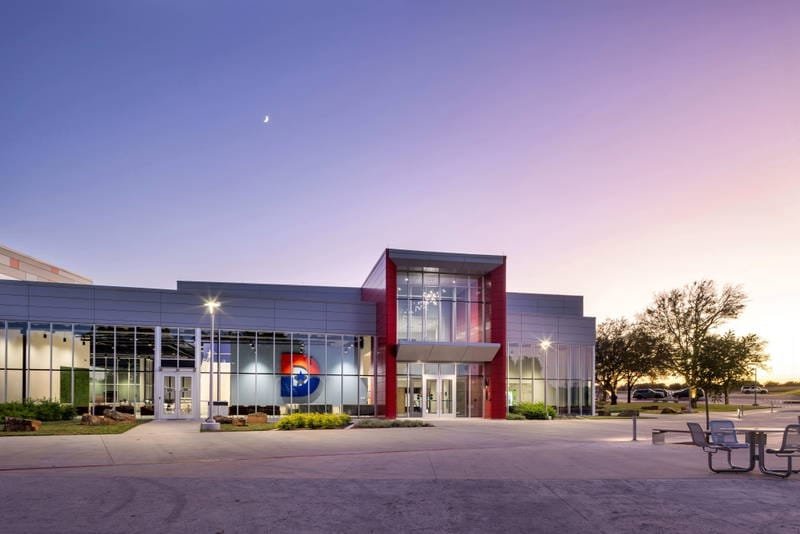 Cedar Valley College campus building at dusk, Lancaster, Texas